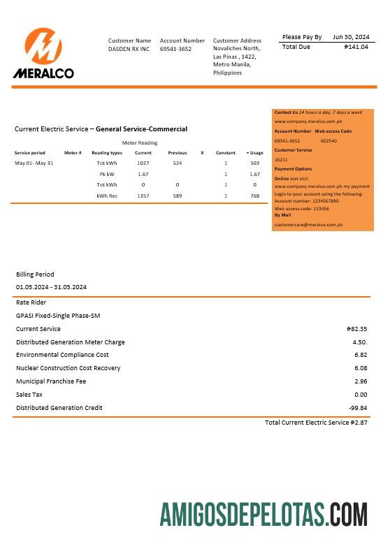 para download Filipinas Manila Electric Company (Meralco) Conta de serviços públicos de eletricidade Modelo Word e PDF